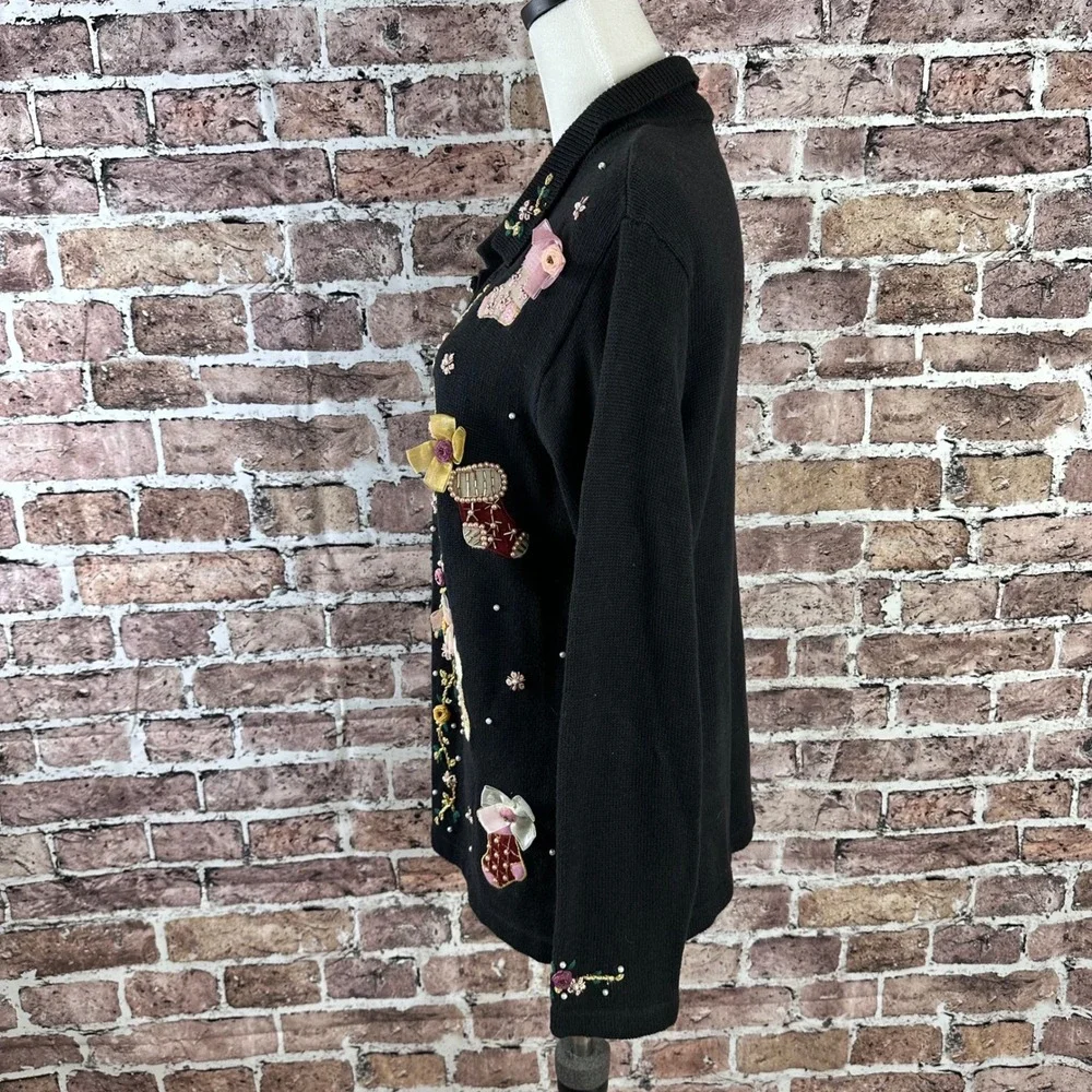 Victoria‎ Jones Black Christmas Stocking Applique Cardigan Sweater Womens M